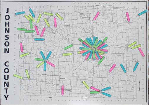 (Photo by Brandon Pedersen, digitalBURG) This map marks 71 communications incidents that were recorded after the switch to narrowbanding on March 1. Most of the incidents are concentrated around Warrensburg.