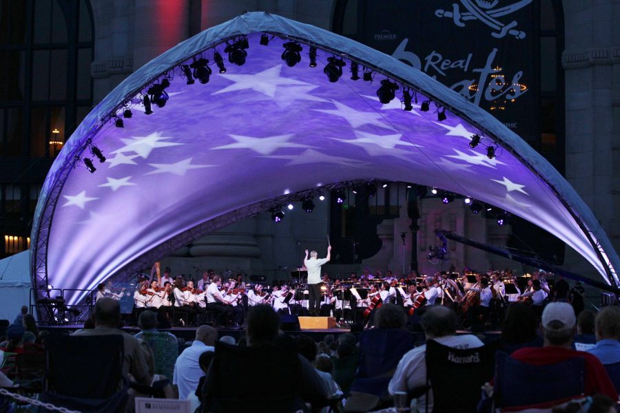 The+Kansas+City+Symphony%2C+led+by+conductor+Michael+Stern+%28center+stage%29+performs+Tchaikovskys+1812%2C+Overture+solennelle+on+stage+underneath+a+star-spangled+canopy+in+front+Union+Station.