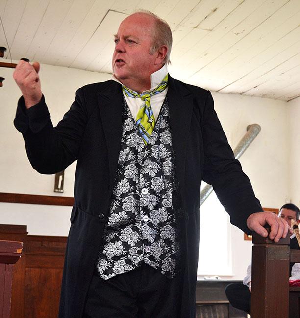 Senator George Graham Vest, played by Joe Jokubeit, delivers the "A Tribute to the Dog" address during the re-enactment of the Old Drum trial.