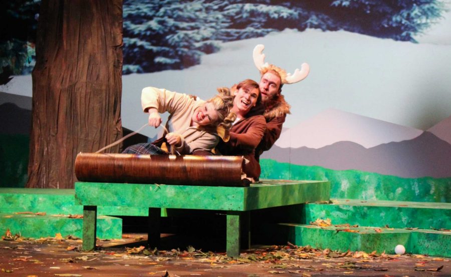 From left, Hannah Michaelree, Zach Craft and Austin Hook play animal characters who sled down a mountain on their way to America from Canada. The play Gustav: The Goose Who Wouldnt Fly by Matt Fotis premiered Friday evening in the Highlander Theatre.