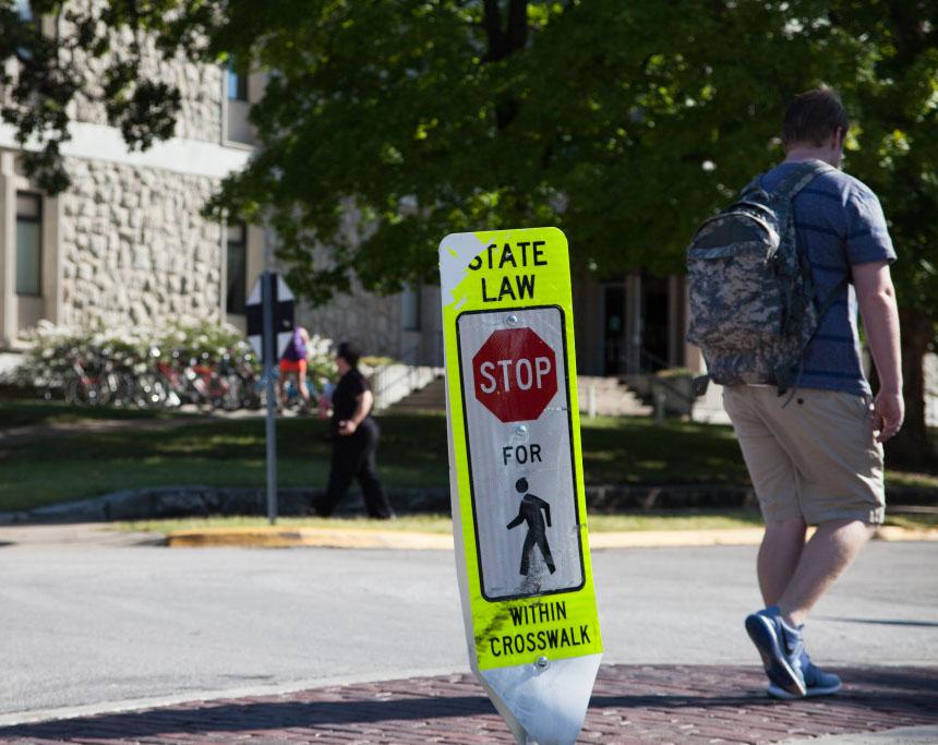 PHOTO BY BRANDON BOWMAN / PHOTO EDITOR
Crosswalk signs around campus have taken damage and 13 have been taken since their installment in mid-April. 