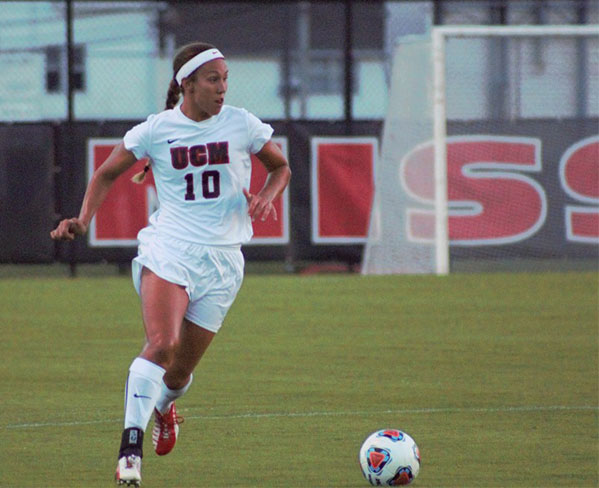 PHOTO BY LIZZIE RIDDER / PHOTOGRAPHER Junior defender Abby Rhodes scored the first of seven Central Missouri goals against Mary University Thursday night. The Jennies are ranked No. 8 in the nation and host Minot State Saturday, Sept. 12.