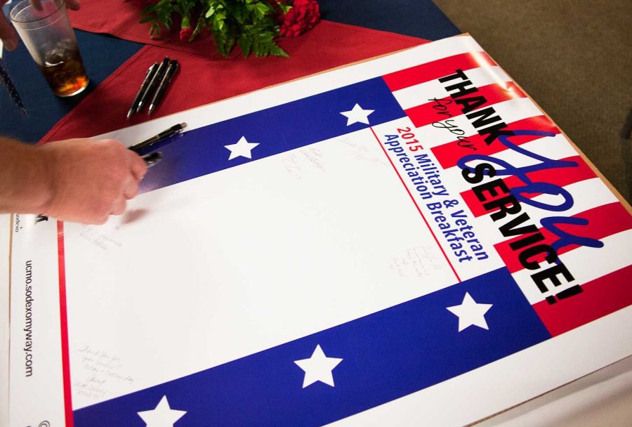 Veterans who attended the free breakfast at Ellis Dining Center were welcomed to sign a special piece of banner.