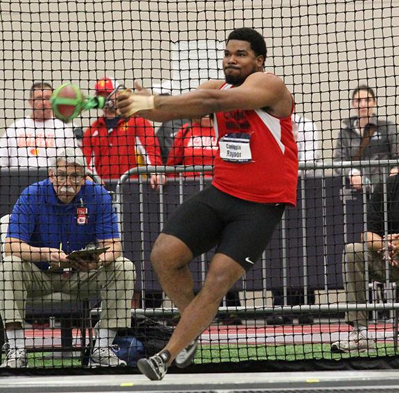 PHOTO SUBMITTED BY UCM ATHLETICS
Senior thrower Caniggia Raynor took home second place in
the weight throw with a mark of 70-10 on day one of the 2016
D-II Indoor Track and Field National Championships Friday, March 11.