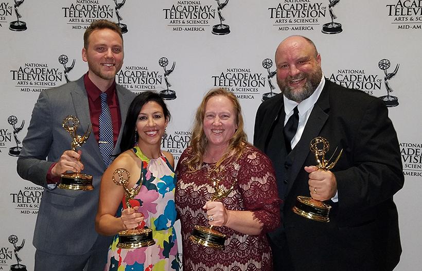 The producers of Missouri Life (left to right) Eric Boedeker, producer; Meredith Hoenes, host; and Roy Millen and Christy Millen, producers, pose with their Emmy on Sept. 22.
(Photo submitted by Eric Boedecker) 
