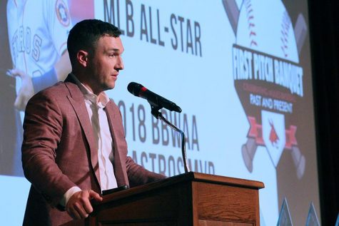 Houston Astros player Alex Bregman gives the keynote speech at the 2019 First Pitch Banquet. He cited the guiding words of his father, Hustle, attitude and effort, as the key to his success.