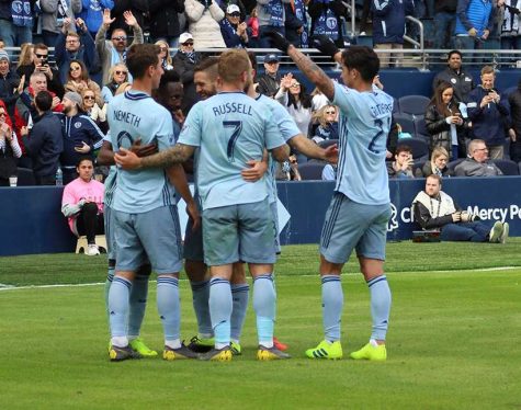 Sporting players huddle in celebration of a goal in the 2-0 win over Philadelphia Union Sunday at Childrens Mercy Park. Photo by Jason Brown/Managing Editor
