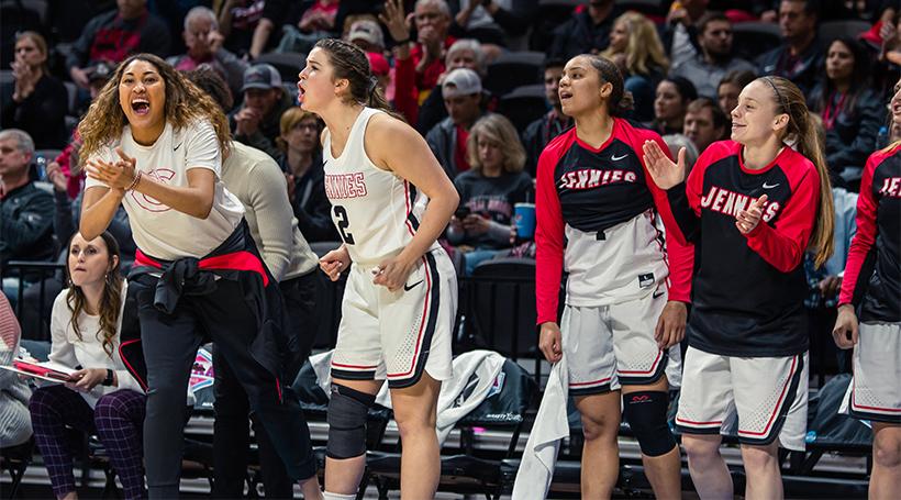 Players on the Jennies bench cheer during the 80-47 win over Central Oklahoma March 7 at Municipal Auditorium in Kansas City, Missouri. (Photo by Peter Spexarth/For the Muleskinner)