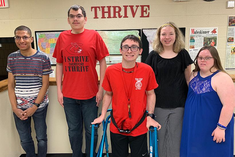 UCM’s THRIVE Program is graduating five students in the spring commencement ceremony. From left, Miles Fontenot, Michael Mohrmann-Lodatto, Thomas TJ Branch, Emma Penny and Ashley Cain are the spring 2019 THRIVE graduates. THRIVE is scheduled to graduate with the College of Arts, Social Sciences, and Humanities and College of Education at 10 a.m. May 11 in the Multipurpose Building. (Photo submitted by Michael Brunkhorst/For the Muleskinner)