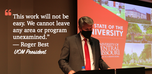 President Roger Best speaks to 39 faculty and staff for the Annual State of the University Address on Aug. 27 in the Elliott Student Union auditorium. Best said
UCM’s level of comittment and expertise make it “hard not to be optimistic for the future of the institution.” The address was also available virtually to ensure
social distancing directives. 