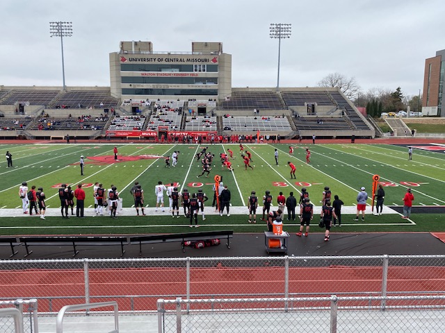 The University of Central Missouri Mules football team competes in an intrasquad scrimmage at Walton Stadium on Sat. Nov 14. The event was organized after scrimmages with Washburn University and Northwest Missouri State University were cancelled.