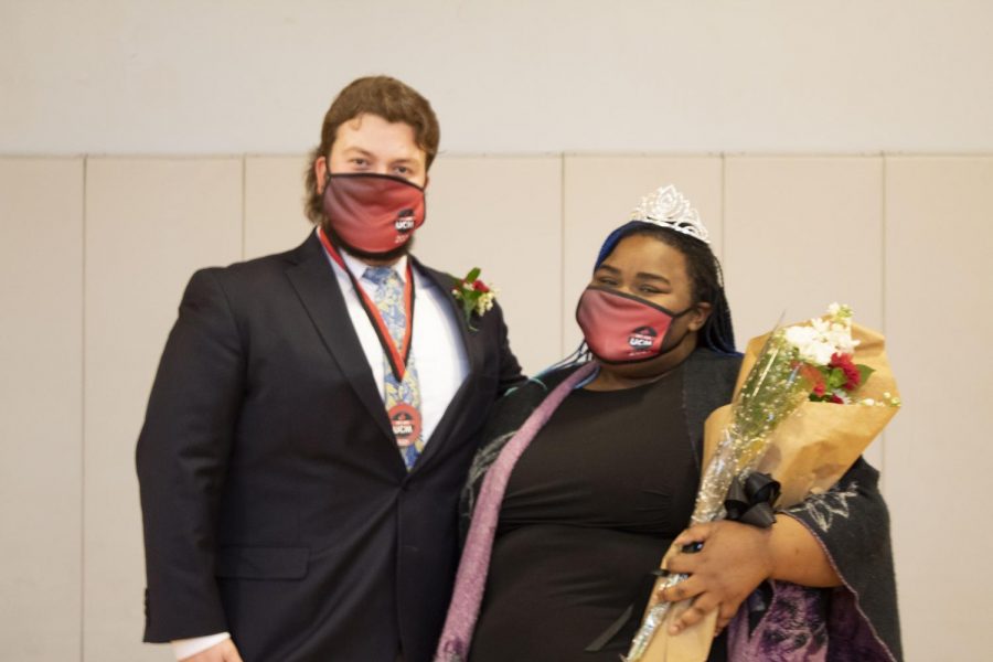 Chance Ridley, Alpha Tau Omega, and Brittané Curry, Alpha Gamma Delta, stand together after being announced as We Are UCM King and Queen at the Student and Wellness Recreation Center on Friday Feb. 12. Photo by Skye Melcher 

