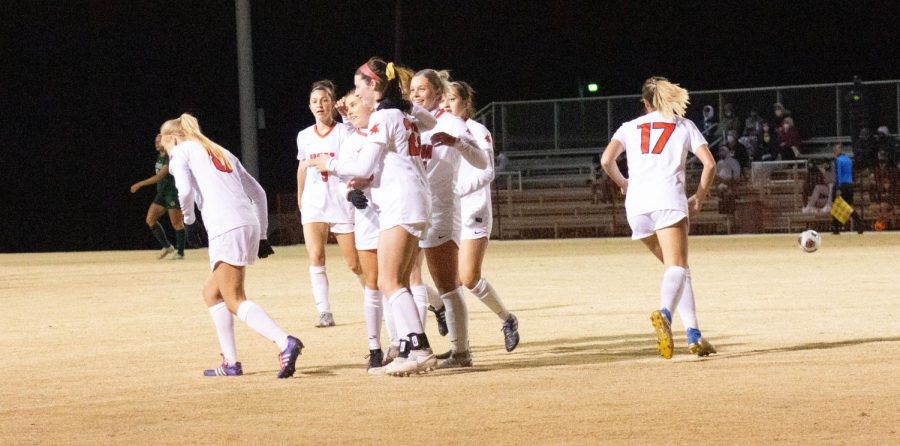 On March 5., the Jennies celebrated as a team after they scored a goal. The Jennies prepare to finish their regular season. 