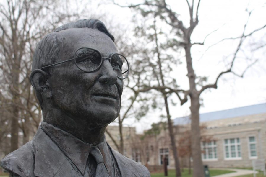 According to the statues plaque, Dale Carnegie was an author, educator and entrepreneur who developed courses in self-improvement, salesmanship, corporate trining, public speaking and interpersonal skills. He attended what is now UCM from 1906-1909, and he was a member of the Speech and Debate team. The plaque also reads, Take a chance! All life is a chance. The one who goes farthest is usually the one willing to do and dare. 