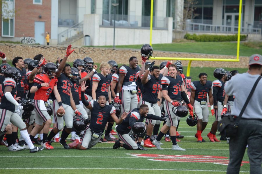 On Saturday April 17 the Mules Football team had a joint practice with Augustana University. The Mules celebrate during the field goal competition. During the practice both teams participated in offensive and defensive drills, as well as a field goal competition and more. 