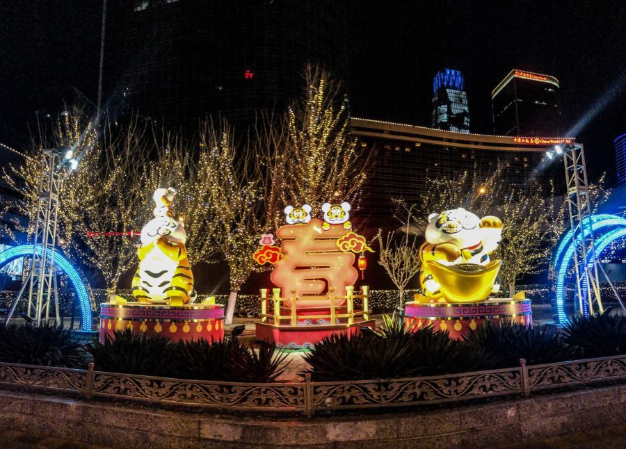 A mascot for the Year of the Tiger is on display near the International Trade Center in Beijing. The word in the middle means spring.