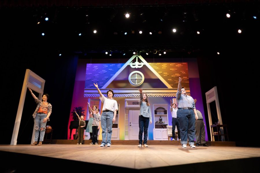 The cast of Fun Home gives recognition for the technical crew during the bows. In this scene, the house is lit up by an ombre of all the colors in the rainbow, highlighting this beautiful story of self discovery and sexuality.