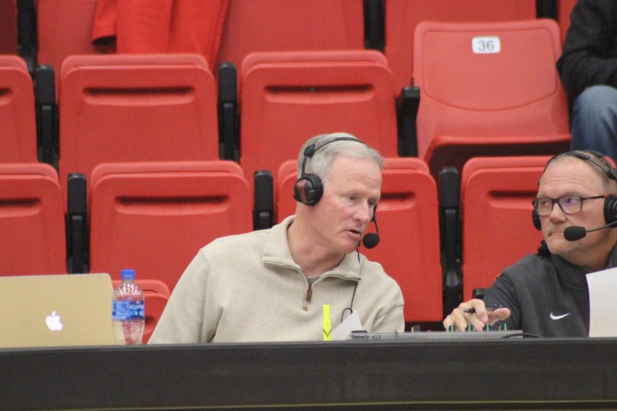 Kim Anderson commentates next to KOKO Radio Host Greg
Hassler at the UCM Mules Basketball game on Nov. 17 at the UCM
Multipurpose Building. Anderson, who in 2014 coached the Mules
basketball team to the NCAA Division II National Championship,
is returning to the University of Central Missouri in a part-time
role as Special Advisor to the President on the National State of
Intercollegiate Athletics, his part-time duties did begin Sept. 16. UCM Mules Basketball played against Central Methodist and won
74-65. 
