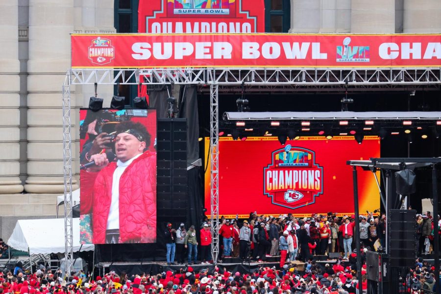 At the Victory parade on Feb. 15 Chiefs quarterback Patrick Mahomes gives a speech to the crowd.
Mahomes reminds the Chiefs Kingdom that they will be back for next year.