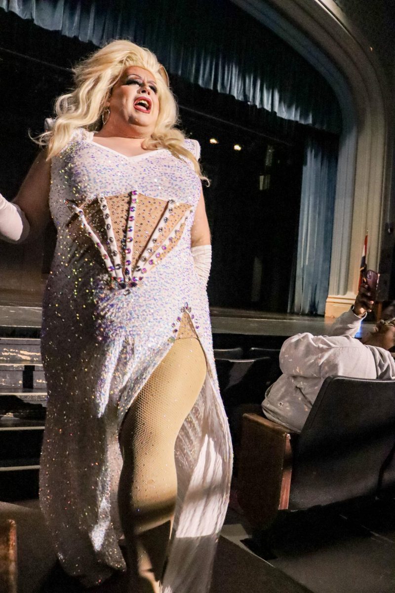 Roxxy Malone performs at the 12th annual Red, White and Rainbow Drag Show on Oct. 3 at Hendrick’s Hall. Malone was awarded the Miss Gay Missouri United States at Large 2021. The drag queens and king performed to many songs at the annual UCM event, featuring multiple costume changes. 