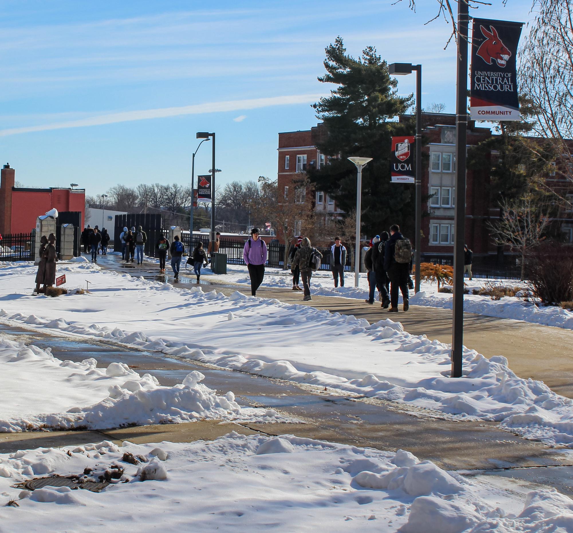 University of Central Missouri Students walk to class, avoiding the snow and ice.
