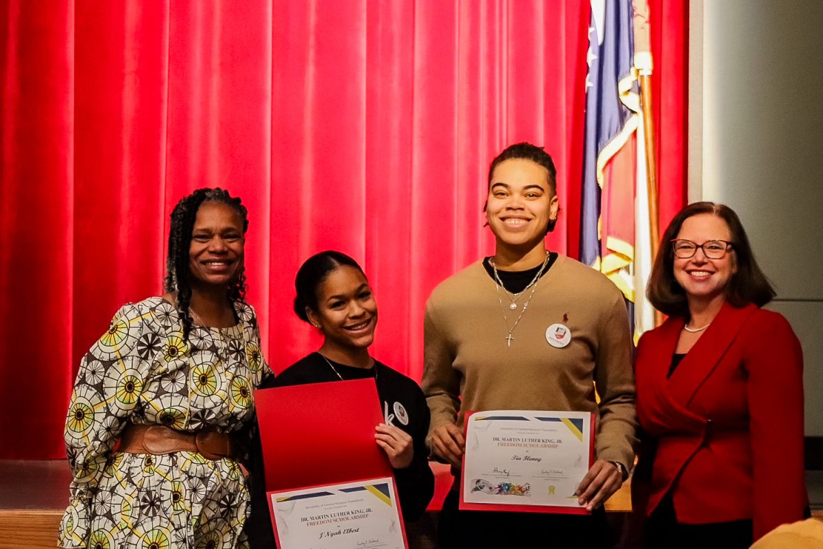 From left to right: Lover Chancler, J’Nyah Elbert, Tia Flenoy, and Shari Bax. J’Nyah Elbert, Tia Flenoy, and Jaren Williams were honored with Dr. Martin Luther King Jr. Freedom Scholarships during the MLK Freedom Scholarship Banquet held at the University of Central Missouri on January 16. Photo By: Regina Robinson