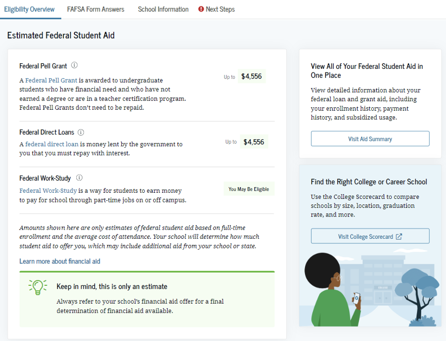 The formula being used to calculate a students federal aid has been updated for the 2024- 2025 FAFSA. This is an example of what a students eligbility may look like within the FAFSA form. Screenshot from Federal Student Aid website.