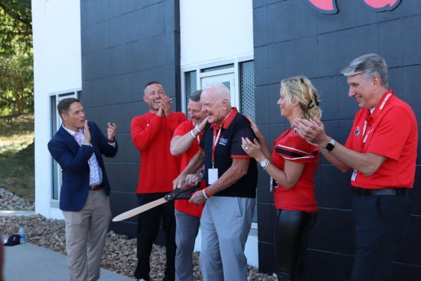 From left, Vice President for Intercollegiate Athletics Matt Howdeshell, Mules Football Head Coach Josh Lamberson, donor and alumnus David Neuenschwander, former coach Terry Noland, Vice President for Advancement and Alumni Foundation Executive Director Courtney Goddard and President Roger Best celebrate the ribbon cutting ceremony for the Terry Noland Football Office Complex. Terry Noland was the head coach for the UCM football team from 1983 to 1996 where Noland amassed 78 wins, seven winning seasons, and four MIAA championships. 