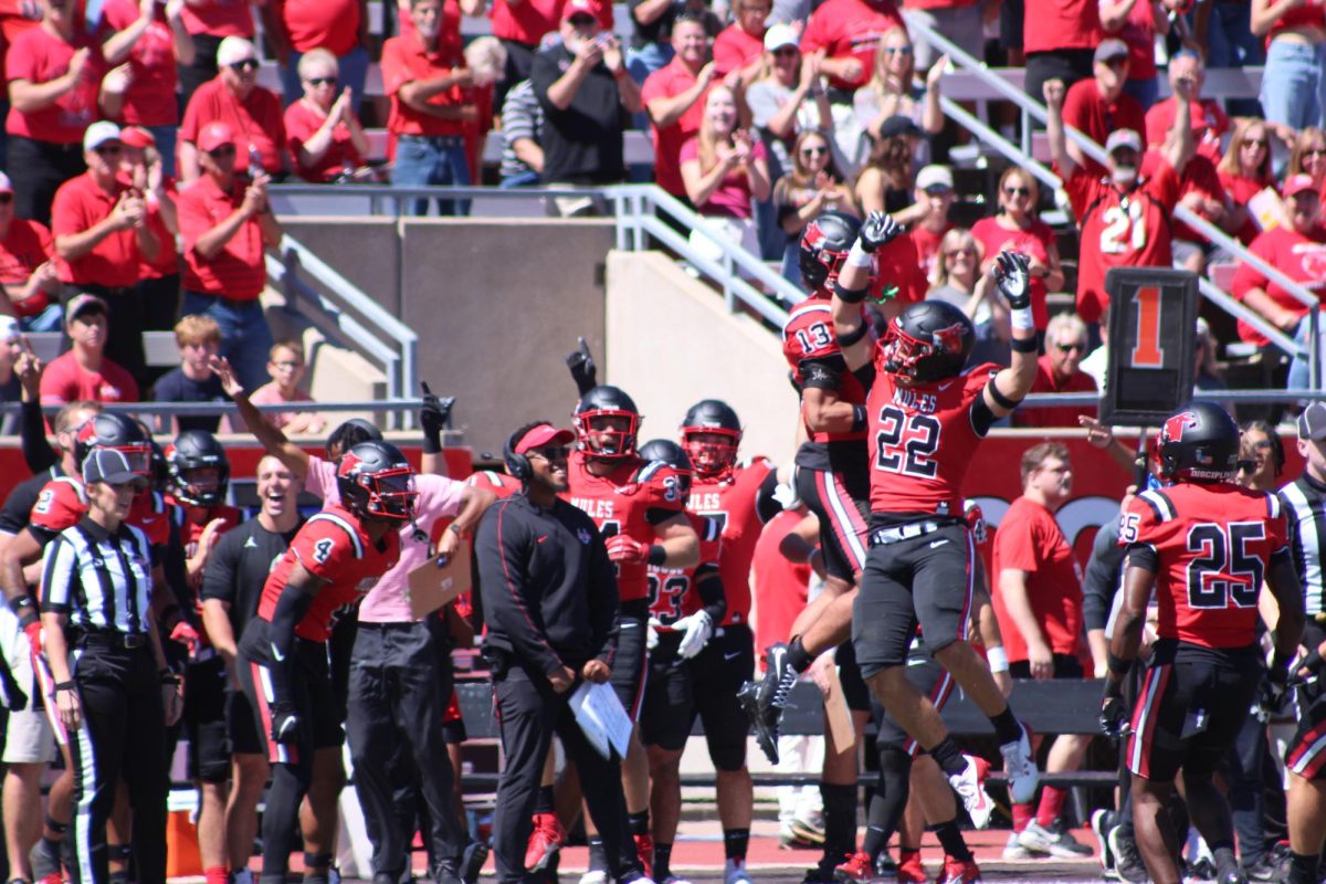 #22 fumble - Sophomore Linebacker Drew Kaufman celebrates with his fellow Mules after successfully recovering a fumble. Kaufman was the only defensive player to recover a fumble in this game and helped aid in the Mules’ victory.