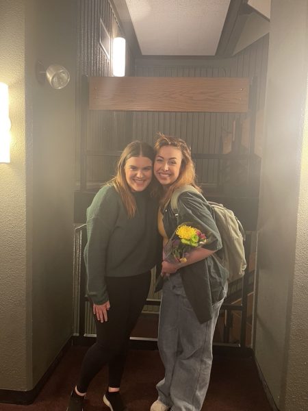 (From left to right) Katie Kaminski and Gracie Heath smile together in the Highlander
Theatre. The two friends met at UCM. Heath will graduate from UCM in Dec. 2024 with a
bachelor’s in theater. Photo submitted by Gracie Heath.