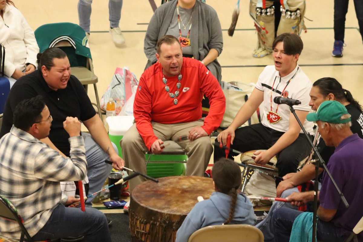 The host drum group performs at the Trading Moon Powwow on Nov. 9. The Powwow was part of UCM’s 11th annual Trading Moon Native American Arts Festival hosted on the lower courts of the Student Recreation and Wellness Center. 