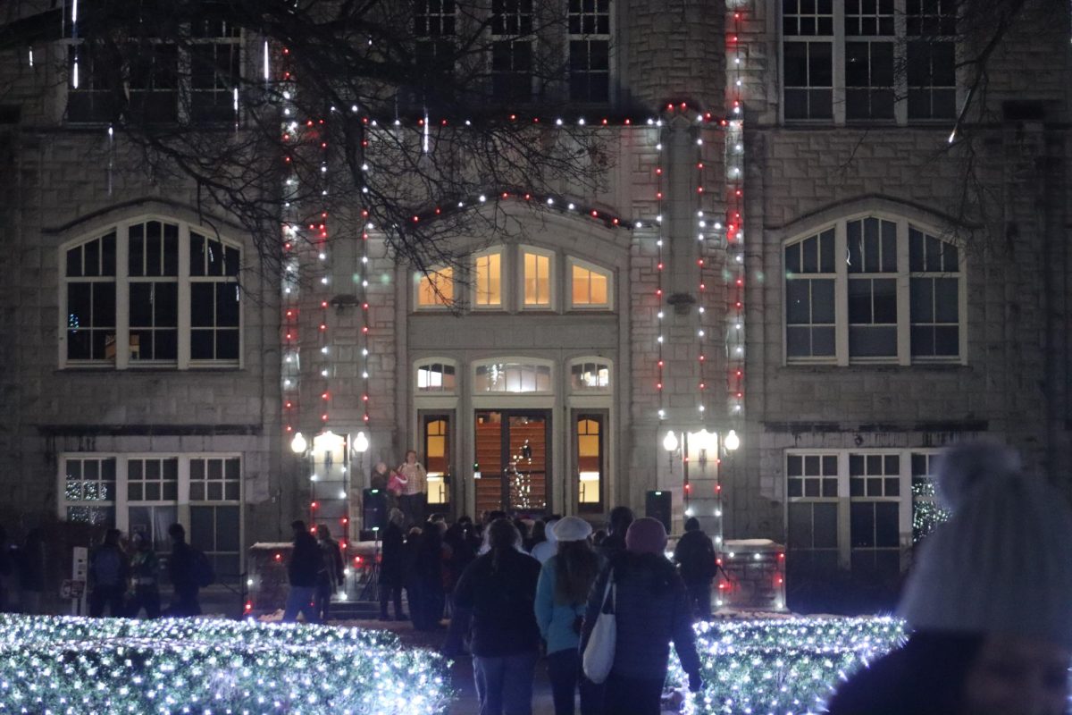 The Administration Building is illuminated for Jingle on the Quad on Dec. 3. The event began with the First Lady’s Holiday Concert at 6 p.m. in Hendricks Hall, inside the Administration Building. Photo by Alex Beals.
