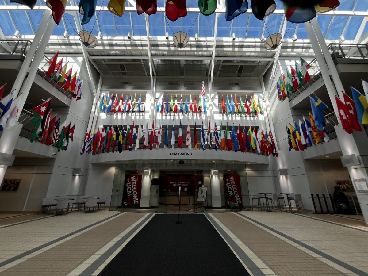 International flags hang on display in the Ward Edwards Building atrium. The flag display represents UCM’s support for the international student population and represents the countries of current and former UCM students.