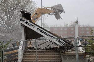 Crews continue demolition of Hudson Hall and the University Conference Center on April 10 at 326 Anderson St. The unused dorm and dining space, planned for removal for more than a year, are being cleared to build a new facility for the Band Department, according to Interim Project Director, Paul Day. Hudson Hall, which once housed students and later served as the University Conference Center, had been unused for several years before demolition, according to Day.