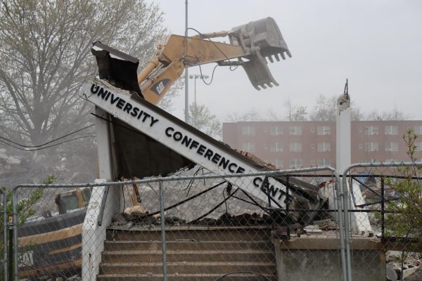 Crews continue demolition of Hudson Hall and the University Conference Center on April 10 at 326 Anderson St. The unused dorm and dining space, planned for removal for more than a year, are being cleared to build a new facility for the Band Department, according to Interim Project Director, Paul Day. Hudson Hall, which once housed students and later served as the University Conference Center, had been unused for several years before demolition, according to Day.