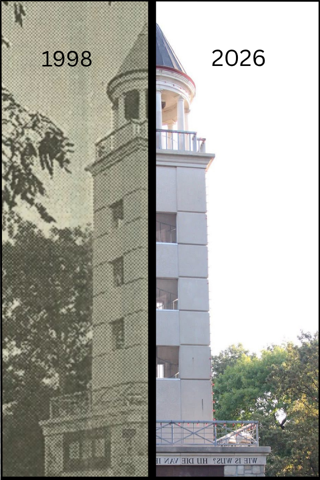 (Right) Maastricht Friendship Tower stands in Selmo Park as a symbol of international camaraderie between the University of Central Missouri and the people of Maastricht, the Netherlands. The tower was built as a gift from Benoit Wesly and dedicated in 1998. (Left) A black and white print photo of the Maastricht Friendship Tower originally printed in 1998. The Muleskinner newspaper covered the building and dedication of the tower.
Photos by Krissy Krauser and Angi Wilhelm