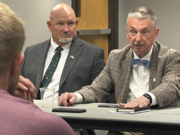 EPA Region 7 Administrator Jim Macy answers a student’s question during an informal discussion on April 9. Earlier in the day, Macy and two other colleagues spoke to an agriculture class at the University of Central Missouri.